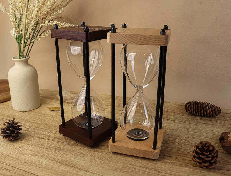 Reloj de arena recargable de madera con grabado personalizado Reloj de arena vacío personalizado para boda Temporizador de arena de 1 a 5 minutos para decoración del hogar, regalo de inauguración de la casa imagen 2