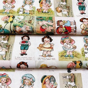 May include: Fabric featuring a repeating pattern of vintage illustrations. The illustrations depict children, bunnies, and other Easter-themed imagery in soft pastel colors. Some illustrations include text. The fabric is likely cotton or a similar material.