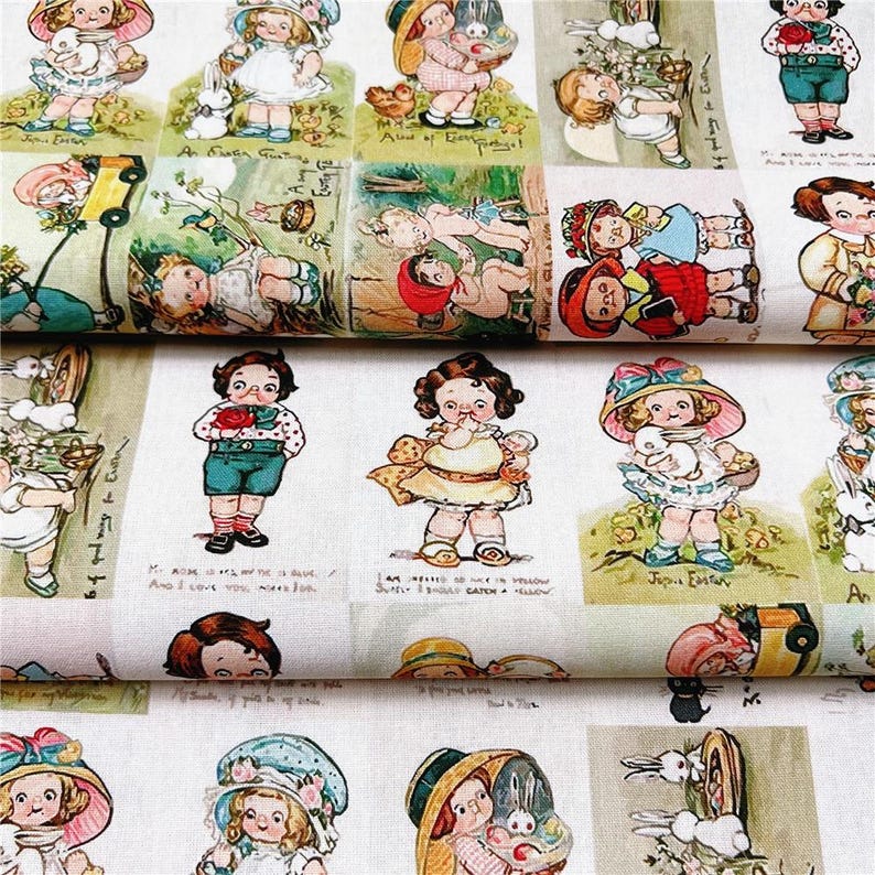 May include: Fabric featuring a repeating pattern of vintage illustrations. The illustrations depict children, bunnies, and other Easter-themed imagery in soft pastel colors. Some illustrations include text. The fabric is likely cotton or a similar material.