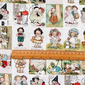 May include: Fabric with a repeating pattern of vintage-style illustrations of children. The illustrations feature children in various outfits, holding objects like flowers and baskets. The color palette includes pastels and muted tones, with text in some of the illustrations.