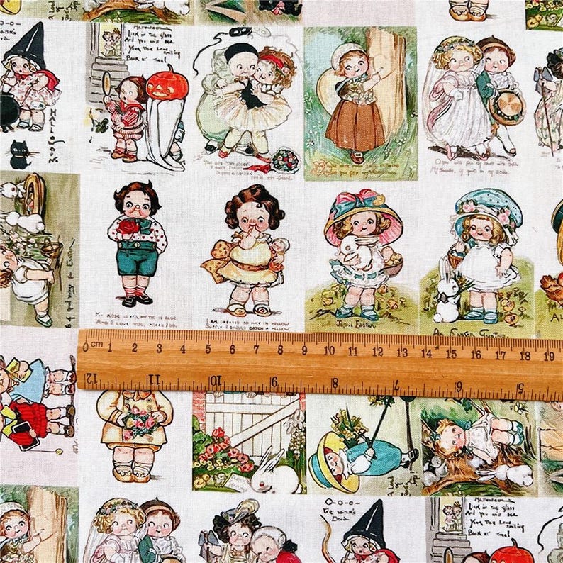 May include: Fabric with a repeating pattern of vintage-style illustrations of children. The illustrations feature children in various outfits, holding objects like flowers and baskets. The color palette includes pastels and muted tones, with text in some of the illustrations.