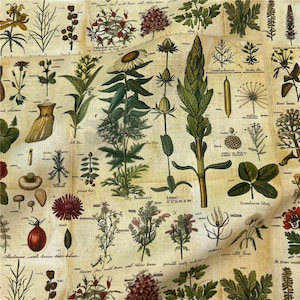 May include: Fabric with a botanical illustration featuring various plants and flowers in shades of green, red, and yellow. The design includes detailed drawings of herbs and flowers, with handwritten labels on a cream background.