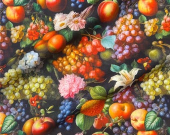 Vintage Fruit Fabric, Kitchen Cotton Fabric: grape Floral Print, Black background tablecloth Quilting  Sewing Cotton Fabric material