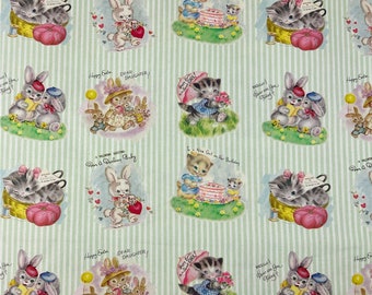 Vintage Cartoon Animal Rabbit Cat,Cotton Fabric,43Inch X 1/2Yard