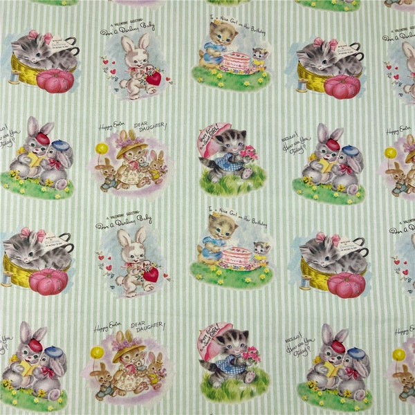 Vintage Cartoon Animal Rabbit Cat,Cotton Fabric,43Inch X 1/2Yard