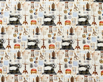 Vintage Sewing machine Button paper clip Fabric,Cotton Fabric,43Inch X 1/2Yard
