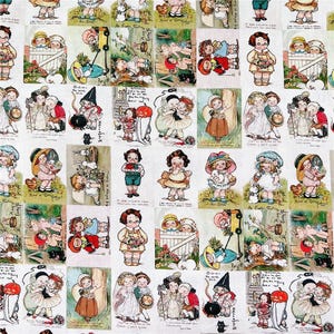 May include: A repeating pattern of vintage-style illustrations featuring children, animals, and scenes of spring. The artwork is in a soft color palette with a white background. Each illustration is framed.