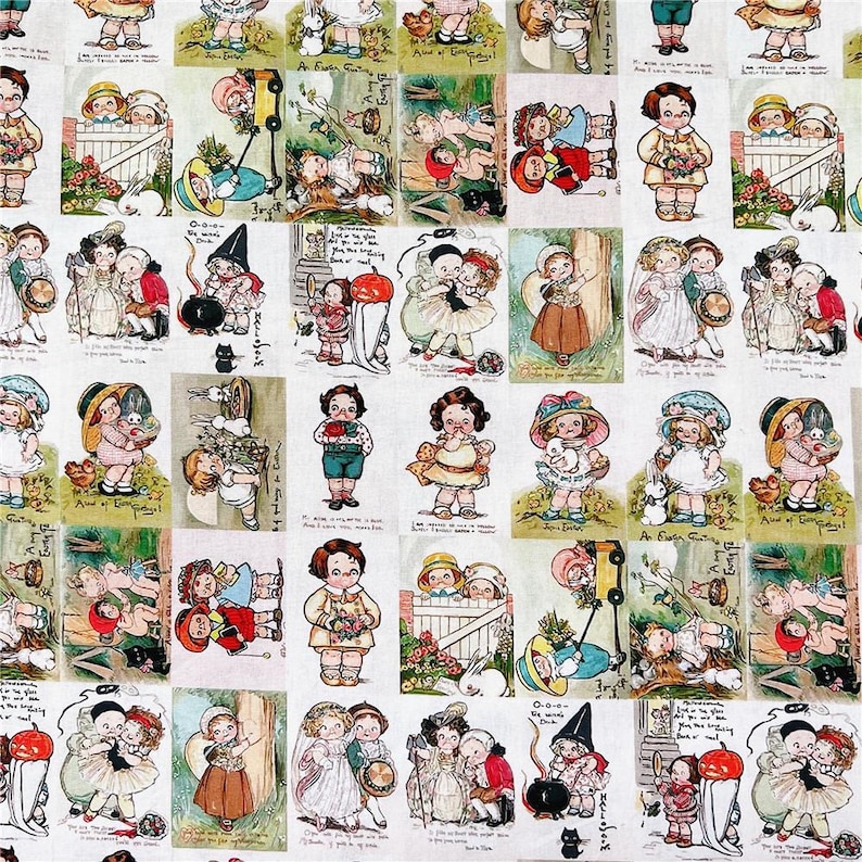May include: A repeating pattern of vintage-style illustrations featuring children, animals, and scenes of spring. The artwork is in a soft color palette with a white background. Each illustration is framed.