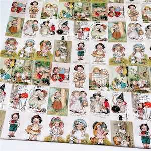 May include: Fabric with a repeating pattern of vintage illustrations featuring children in various scenes. The illustrations are in soft pastel colors, with details like hats, dresses, and toys. The fabric has a cream-colored background.