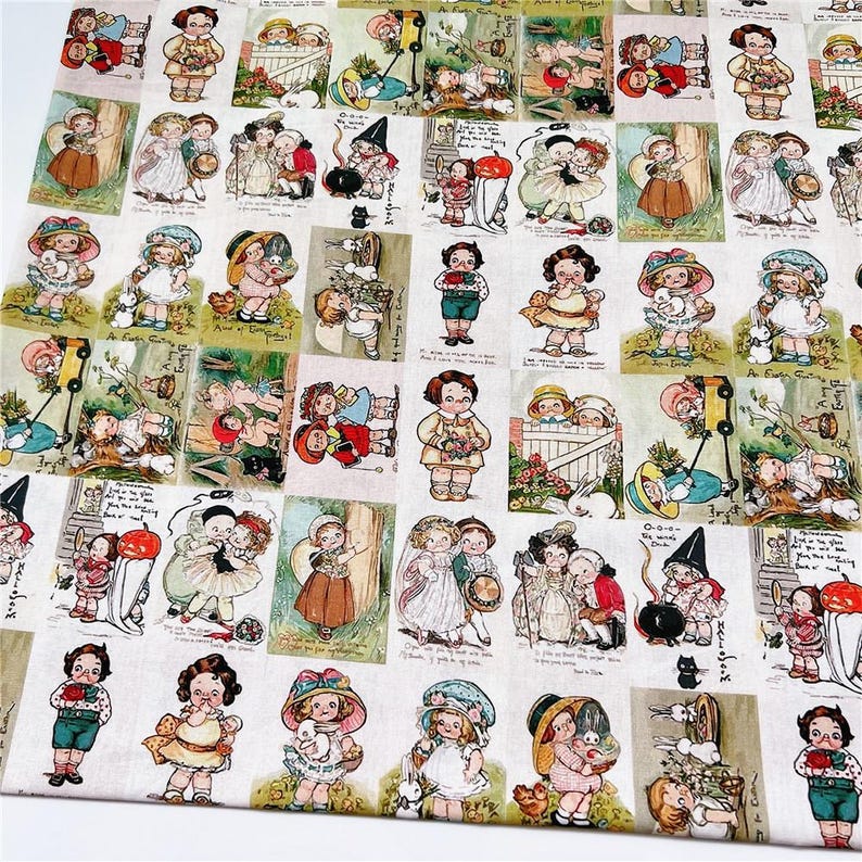 May include: Fabric with a repeating pattern of vintage illustrations featuring children in various scenes. The illustrations are in soft pastel colors, with details like hats, dresses, and toys. The fabric has a cream-colored background.