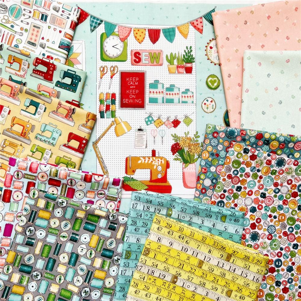 Sewing Theme Fabric, 100% Cotton, Sewing Machine Haberdashery Scissors Pins Print, Quilt Sewing Craft Fabric by Half Yard