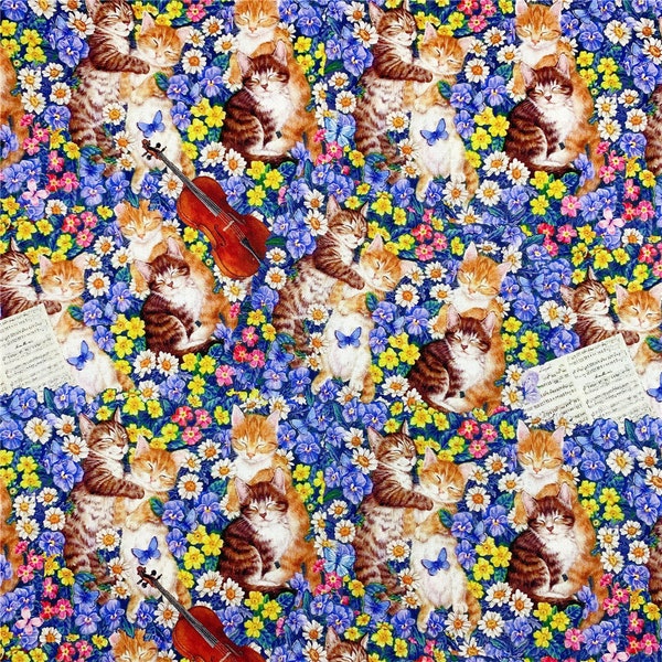 Tissu de chat de musique florale, tissu de coton, 43 pouces x 1/2yard