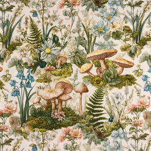 May include: A fabric with a detailed botanical print featuring mushrooms, ferns, and various wildflowers in shades of beige, green, blue, and peach. The design has a vintage, whimsical aesthetic.