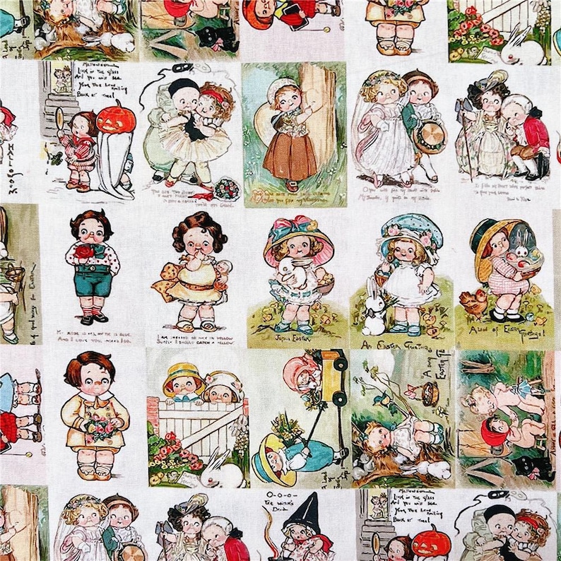 May include: A fabric featuring a repeating pattern of vintage-style illustrations of children, animals, and Easter-themed imagery. The illustrations are in soft pastel colors, with text in cursive script. The overall theme is nostalgic and whimsical.