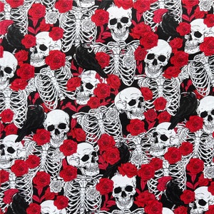 May include: A black and white repeating pattern featuring skeletons, red roses, and black birds. The pattern is on a black background.