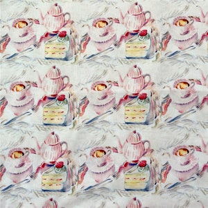 Vintage Tea Cup Cotton Fabric,43Inch X Half Yard