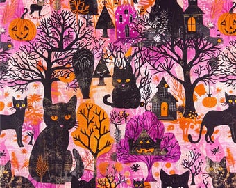Halloween schwarze Katzen Kürbis Stoff, 100% Baumwolle, Kürbis schwarze Katzen Quilten Nähen Handwerk Stoff, gruseliges Horror-Material von Fat Quarter