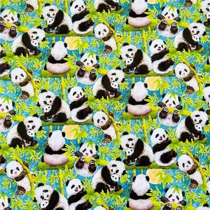 May include: A seamless pattern featuring adorable black and white pandas holding bamboo stalks. The pandas are surrounded by green bamboo leaves on a light blue background.