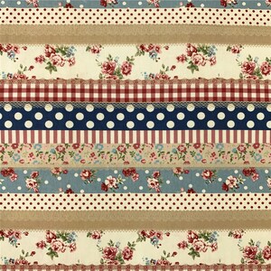 Könnte beinhalten: Ein mehrfarbiger Stoff mit Patchwork-Design mit Blumenmustern, Punkten, Karos und Streifen. Der Stoff besteht aus verschiedenen Farbtönen von Rot, Blau, Weiß und Braun.