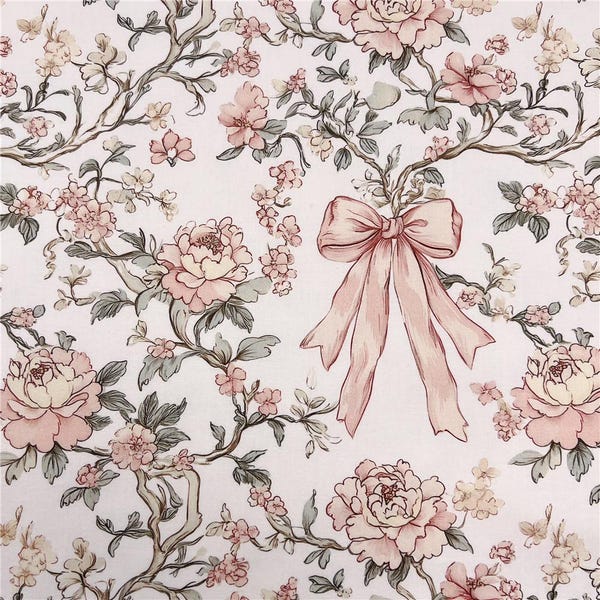 Preppy Pastel Floral Fabric - peony Bows by prettyfestive - Watercolor Flowers Bows Grandmillennial Fabric by the Yard by Spoonflower