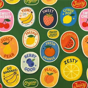 Peut inclure: Un ensemble d'autocollants colorés sur le thème des fruits sur un fond vert. Les autocollants présentent des illustrations de fruits tels que des bananes, des fraises, des oranges et des citrons, avec des textes comme "Yum!", "Sweet" et "Juicy".