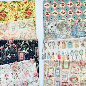 May include: A collection of 10 different patterned fabric squares. The patterns include floral, geometric, and vintage designs. The fabrics are in various colours, including pink, blue, green, and yellow.