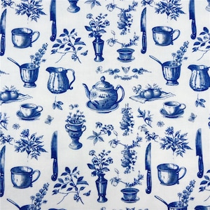 May include: White fabric with a repeating blue pattern of teacups, teapots, knives, and floral arrangements. The design includes detailed illustrations of various kitchenware and botanical elements, creating a classic, vintage aesthetic.