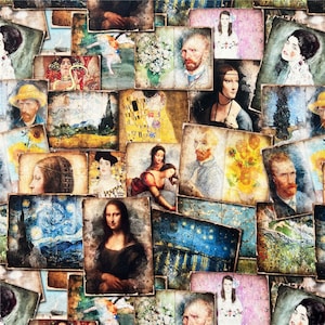 Può includere: Un collage di dipinti in cornice in stile vintage che rappresentano opere d'arte famose, tra cui una scena di notte stellata, un ritratto di una donna e un autoritratto di un artista. I dipinti sono disposti in modo casuale e hanno un aspetto usurato e invecchiato.