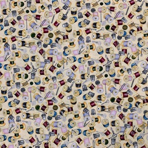 Sewing Theme Fabric, 100% Cotton, Sewing Machine Haberdashery Scissors Pins Print, Quilt Sewing Craft Fabric by Half Yard