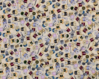 Sewing Theme Fabric, 100% Cotton, Sewing Machine Haberdashery Scissors Pins Print, Quilt Sewing Craft Fabric by Half Yard