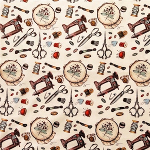 Sewing Theme Fabric, 100% Cotton, Sewing Machine Haberdashery Scissors Pins Print, Quilt Sewing Craft Fabric by Half Yard