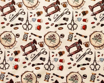 Sewing Theme Fabric, 100% Cotton, Sewing Machine Haberdashery Scissors Pins Print, Quilt Sewing Craft Fabric by Half Yard