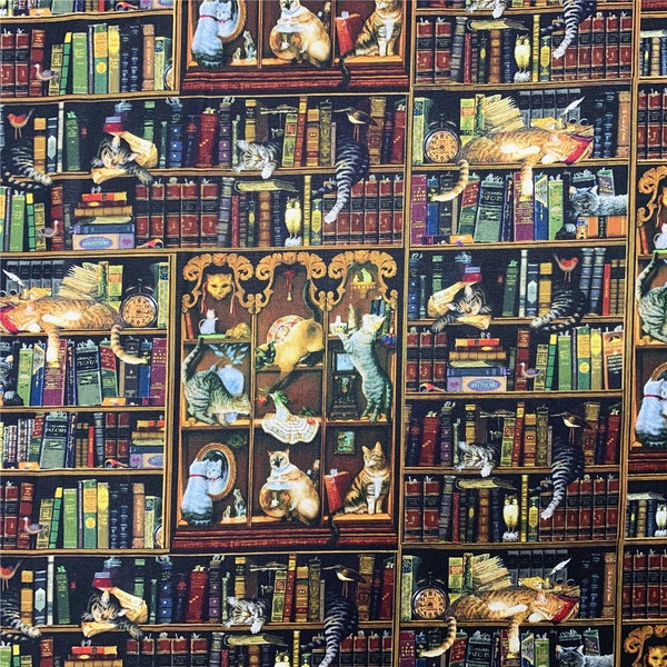 Cat on bookshelf Fabric,43Inch X Half Yard