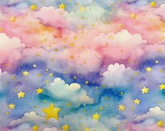 Nursery Cotton Fabric, Pastel Moon and Clouds, Stars on Pink Purple Accessories, Decor