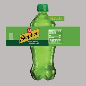 May include: Green soda bottle with a label that says "35 Stephen" and "Happy Birthday! May 12th, 2025". The label also includes a nutrition facts section with the text "REGULAR" at the top.