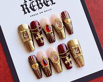 Red and Gold Press Ons // Baroque Nails, Sacred Heart Nails, Press On Nails, Religious Nails