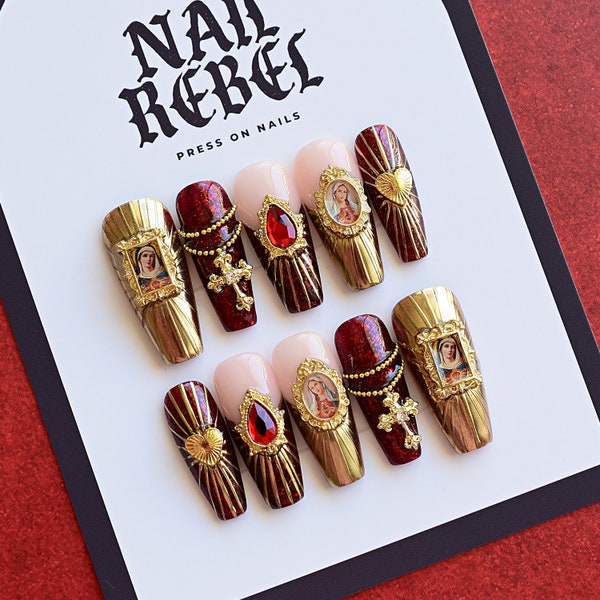Red and Gold Press Ons // Baroque Nails, Sacred Heart Nails, Press On Nails, Religious Nails