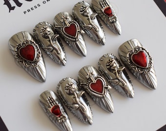 Medieval Silver Armor Press On Nails: Handcrafted Sacred Heart Design