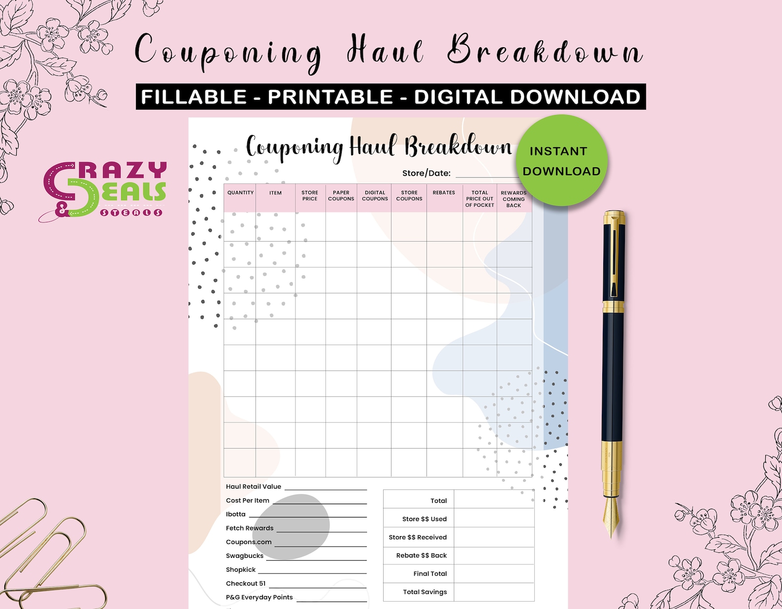 Couponing Haul Breakdown, Printable Template, Digital Download, PDF File, Coupon Haul, Coupon