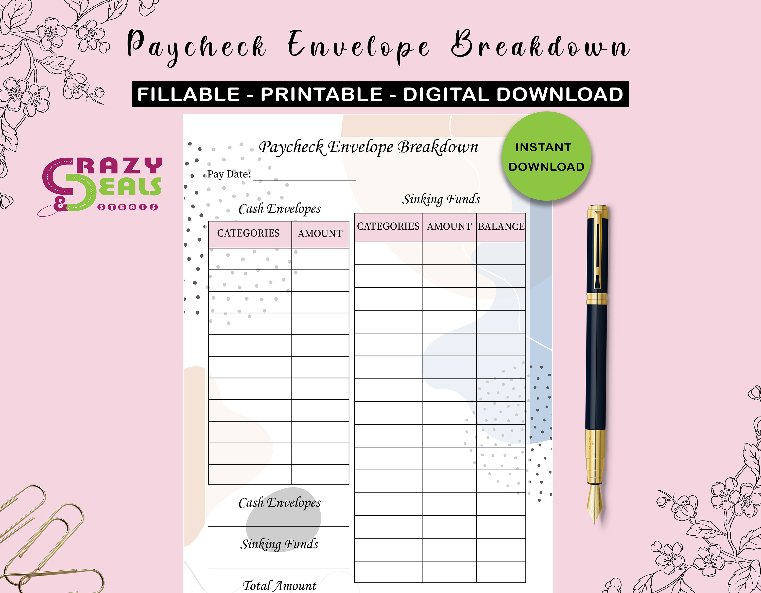 Paycheck Envelope Breakdown Printable Template Digital Download PDF