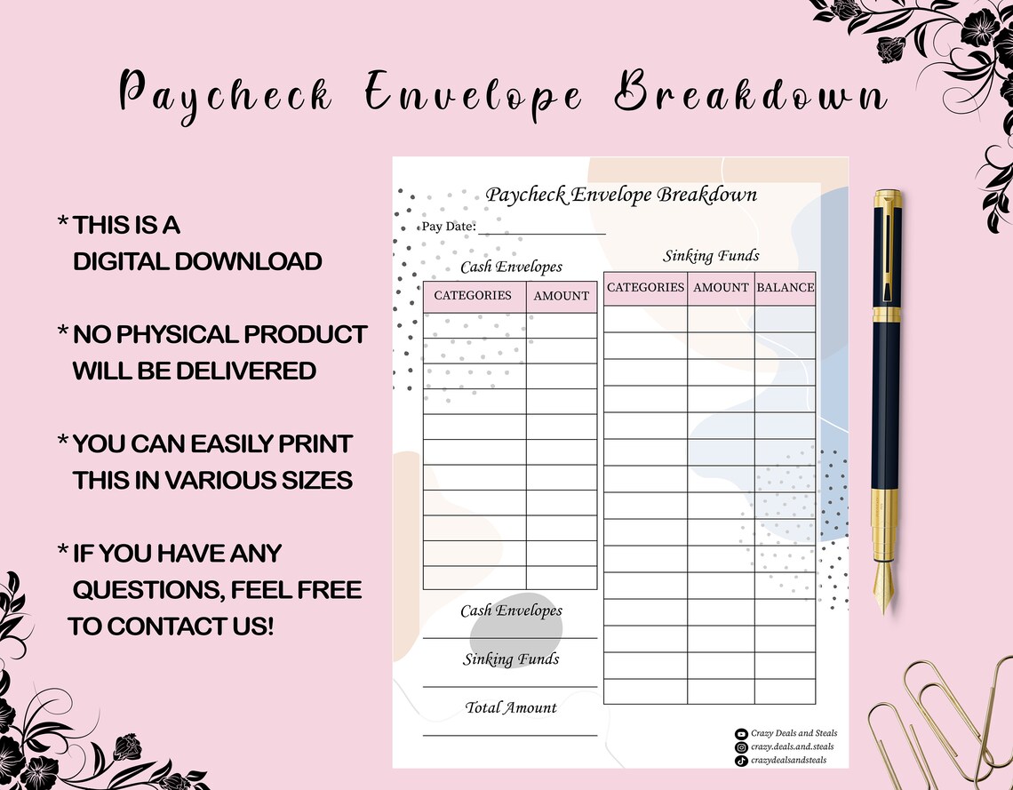 Paycheck Envelope Breakdown Printable Template Digital Download PDF