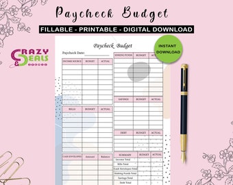 May include: A printable paycheck budget tracker with sections for income, bills, savings, debt, and cash envelopes. The tracker has a pink and blue background with a polka dot pattern.