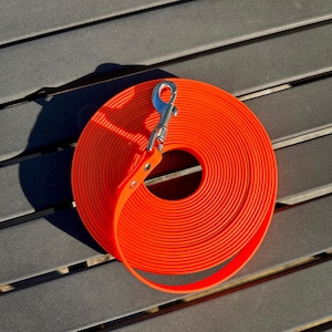 May include: Bright orange dog leash coiled on a dark gray surface. The leash has a metal clasp and a matching orange strap. The leash is made of a flexible, ribbed material.