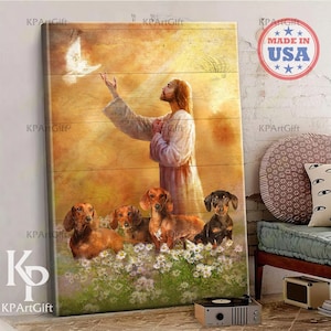 Dachshund with Jesus Dove Canvas, God with Dachshund Canvas, Dachshund Dog Lovers Gift Canvas, Christian Gift Canvas, Dachshund Memorial