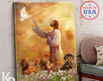 May include: A painting of Jesus with a dove flying above him.  Four dachshund dogs are in the foreground with a field of flowers behind them.  The painting has a wood grain background.