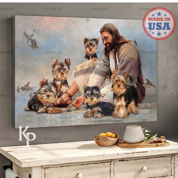 Lienzo de Dios con Yorkshire, Jesús con Yorkshire, Lienzo de regalo para amantes de los perros de Yorkshire, Lienzo de regalo cristiano, Arte de Jesucristo