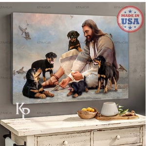 God with Rottweiler Canvas, Jesus with Rottweiler, Rottweiler Dog Lovers Gift Canvas, Christian Gift Canvas, Jesus Christ Art