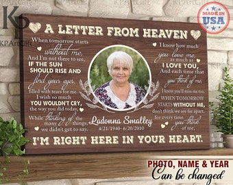 May include: A wooden sign with a photo of a woman and the text "A Letter From Heaven". The sign has a brown woodgrain background and white text. The text reads: "When tomorrow starts without me, and I'm not there to see, if the sun should rise and find your eyes, filled with tears for me. I wish so much you wouldn't cry, the way you did today. While thinking of the many things, we didn't get to say. I'm right here in your heart."