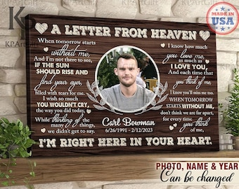 May include: A wooden canvas print with a photo of a man and a poem about a loved one who has passed away. The poem reads "A Letter From Heaven" and includes the text "I'm right here in your heart". The canvas print is decorated with hearts and floral designs. The text "Photo, Name & Year Can be Changed" is at the bottom of the canvas print.