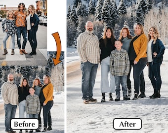 May include: A family portrait shows a group of people standing in a snowy outdoor setting. The group includes adults and a child, all dressed in casual attire. The image is split, with a "Before" and "After" comparison.